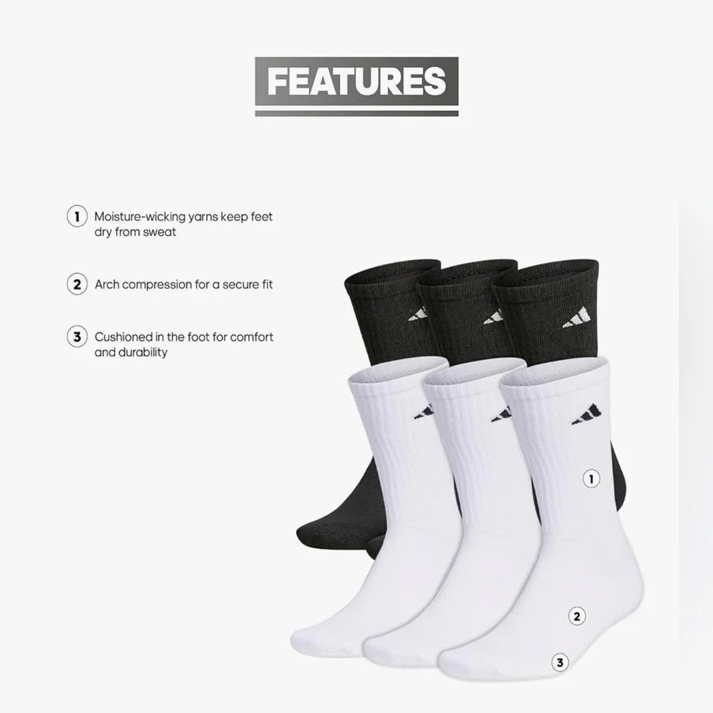 Adidas mens Athletic Cushioned Crew Socks With (6-pair)- Black and White